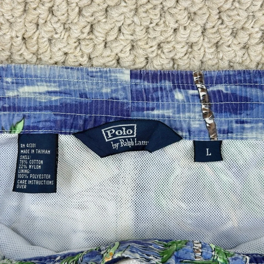 Vtg Polo Ralph Lauren Board Shorts Mens L Blue Swim Trunks Tie Front Palm Tree